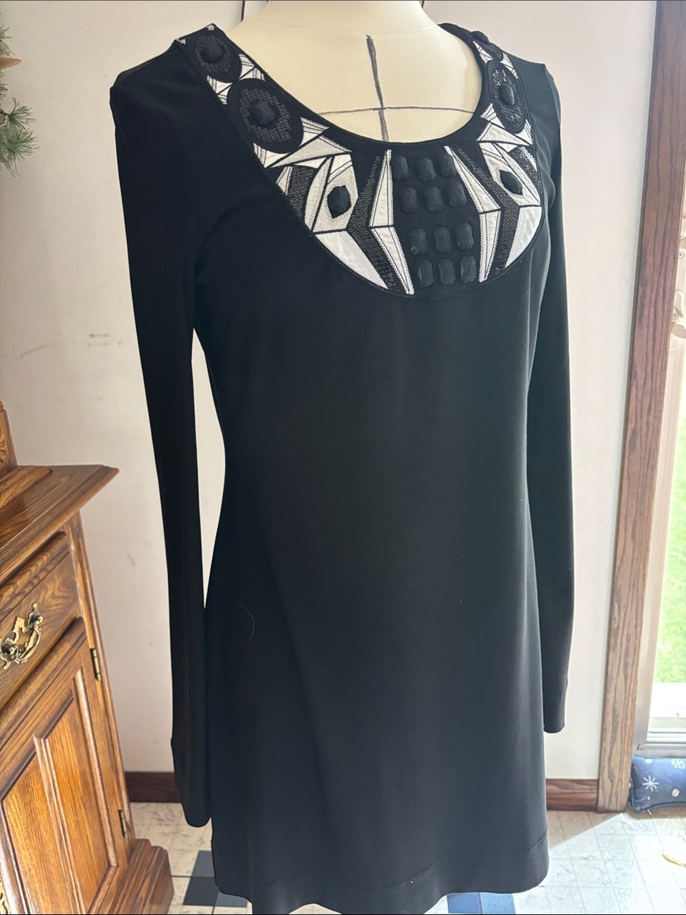 Black Long-Sleeve Dress with Contrasting Embroidered Yoke